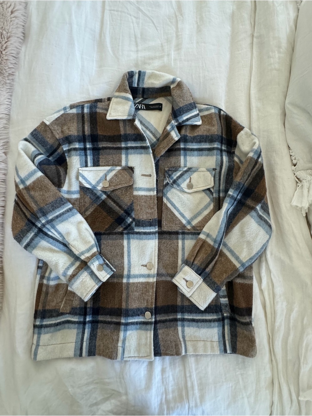 Zara Kids Cream, Brown & Blue Plaid Shacket